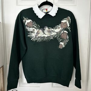PFI Fashions Vintage 90’s Winter Bird Collared Sweatshirt Green White Cottage